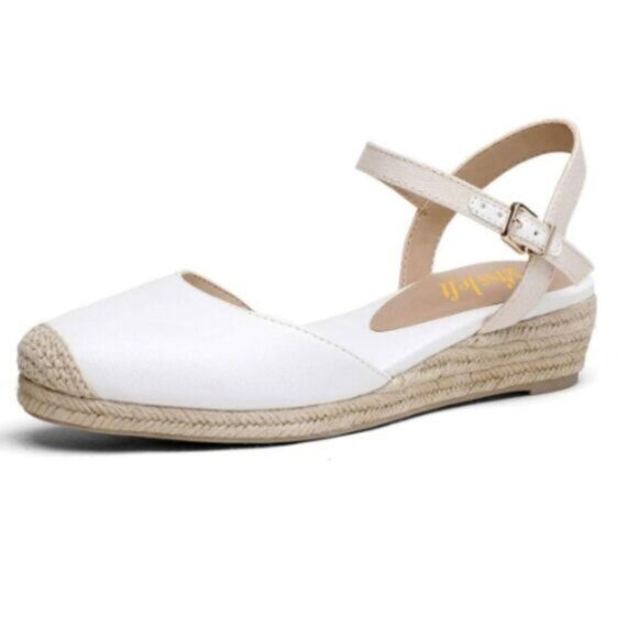 Miss Left White Rounded Toe Espadrille Sandal Ankle Strap Mid Heeled Wedge - Picture 1 of 8
